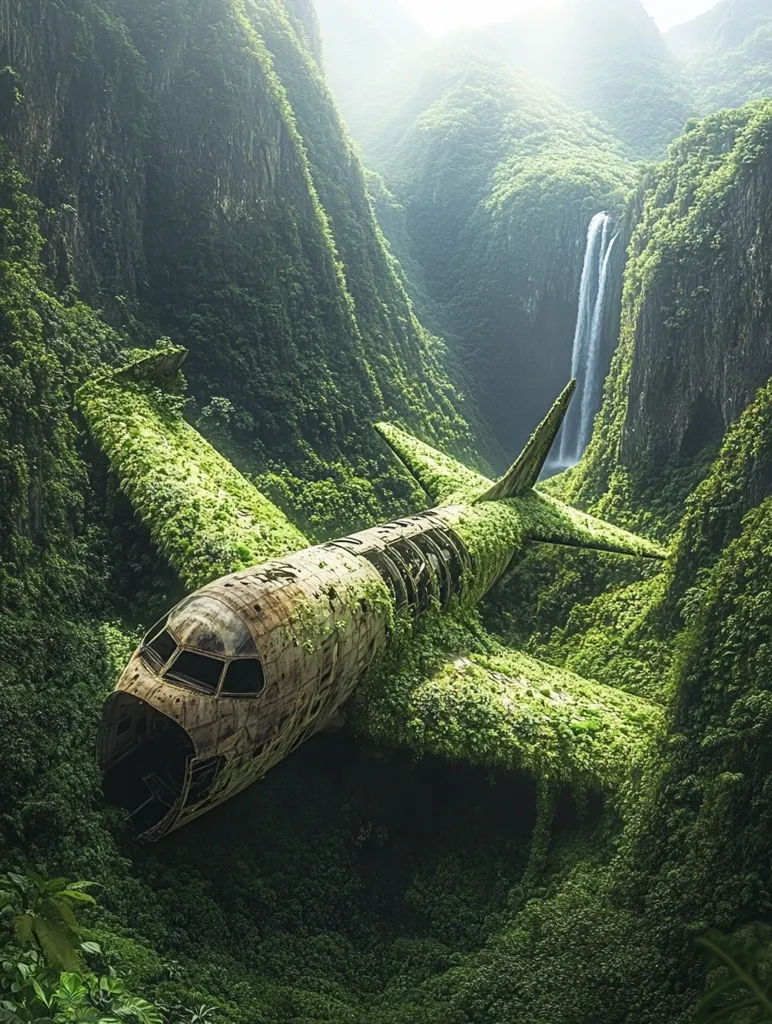 The image shows a crashed airplane nestled within a lush, green valley.  The plane is completely overgrown with vegetation, blending seamlessly with the surrounding landscape. A waterfall cascades down the cliff face behind the plane, adding to the scene's sense of mystery and awe. The image evokes a sense of forgotten history and the powerful force of nature.