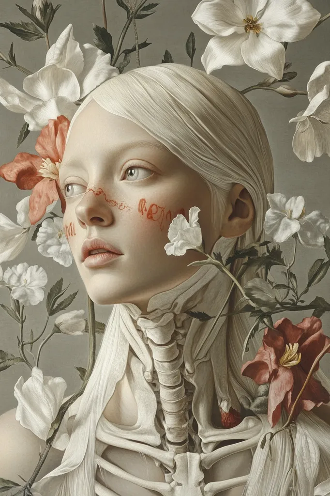 The painting features a young woman with pale skin and white hair, adorned with delicate white flowers. Her face is partially obscured by the flowers, and her eyes have a soft, contemplative gaze.  Her neck is exposed, showing a skeletal structure, adding a sense of fragility and mortality to the image. The composition creates a haunting and ethereal mood.