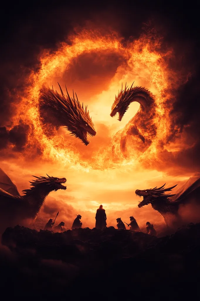 A fiery ring of flames engulfs two massive dragons, their heads locked in a fierce battle, silhouetted against the fiery sky.  Below, a group of figures stand in silhouette, watching the clash of the titans. The scene is awash in orange and red hues, creating a sense of drama and impending doom.
