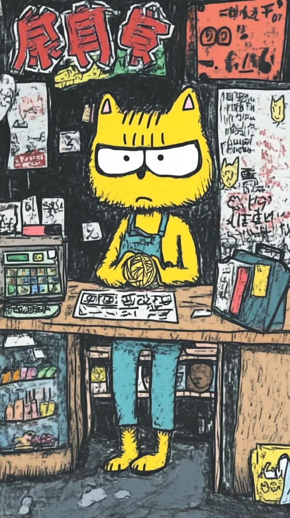 The image is a cartoon illustration of a cat wearing overalls working behind a counter in a small store. The cat is holding a ball of yarn and looking down at it. The store is filled with various items, including a cash register, a shelf with a variety of goods, and a sign above the counter with a message written in Japanese. The image is drawn in a rough and expressive style, with thick black outlines and bright colors.
