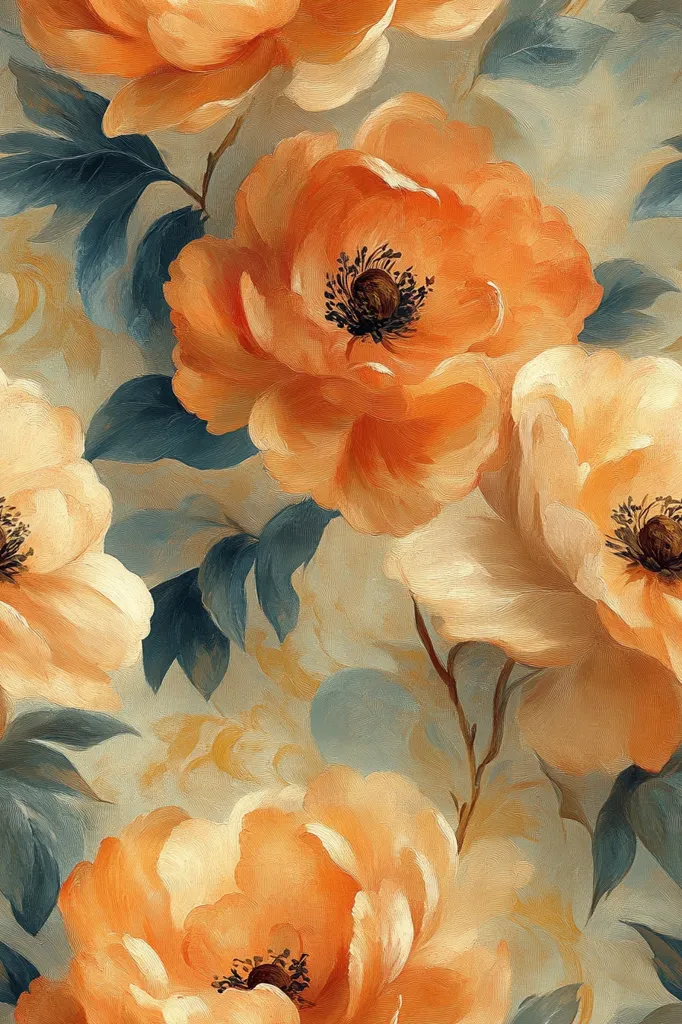 The painting features a close-up of orange and cream-colored flowers with green leaves. The flowers are painted in a soft, painterly style with visible brushstrokes. The background is a soft, muted color, and the overall effect is one of delicate beauty and tranquility.  The painting captures the beauty of nature in a simple yet elegant way.