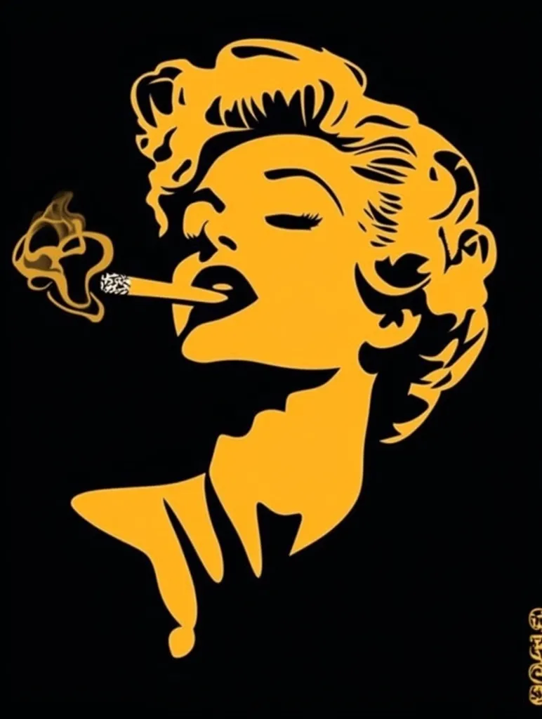 The image is a black and yellow silhouette of a woman with short, curly hair. She is smoking a cigarette, and her expression is one of sultry pleasure. The image is stylized and has a vintage feel.  The contrasting colors, black and yellow, give a stark, graphic feel to the image. The woman's face is almost obscured by the shadow from her hair, but her lips are clearly visible, suggesting she is blowing out a smoke ring.  The image is both bold and alluring.  The cigarette smoke adds a dramatic element, as it swirls and curls around her face.