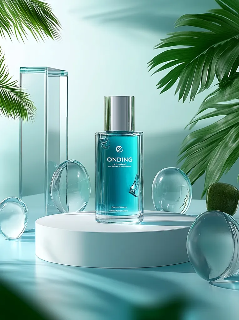 The image showcases a bottle of "ONDING" perfume, with a sleek, silver cap and a clear, blue body, filled with a vibrant blue liquid. The bottle is positioned on a circular, white podium, surrounded by glass orbs and green foliage. The background features a soft, light blue gradient, creating a refreshing and elegant atmosphere. The composition emphasizes the product, while the elements around it enhance its visual appeal.  The image evokes a sense of freshness and tranquility, making it ideal for advertising a perfume or other beauty products.