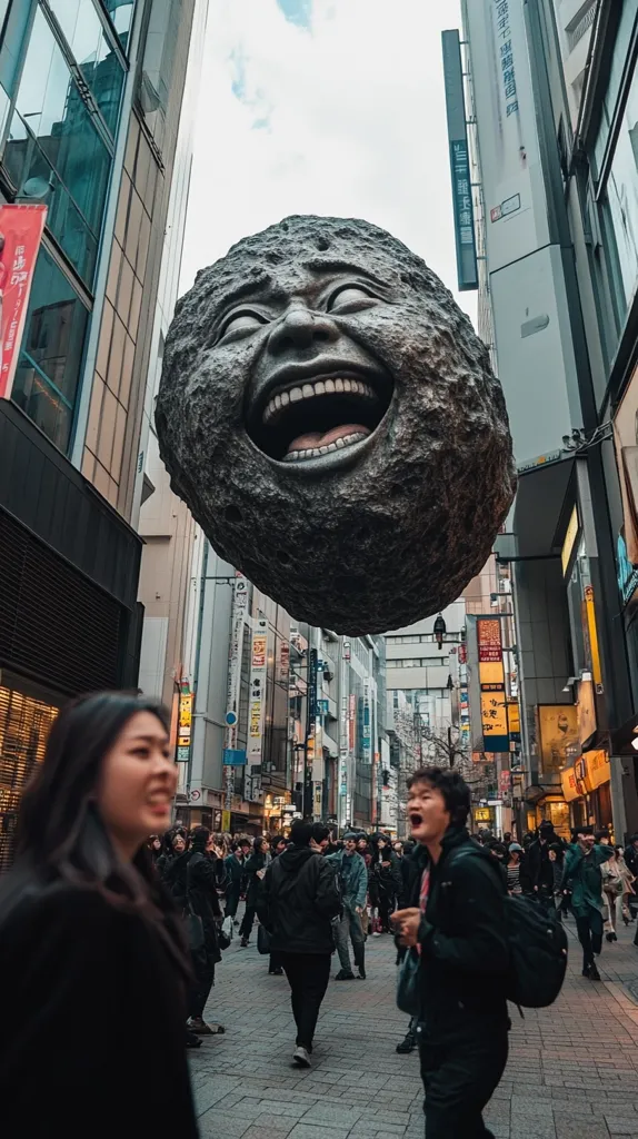 A giant stone sculpture of a smiling face hangs over a busy city street. The face is carved with detail, including teeth, a tongue, and wrinkles. Below, people walk down the street, some looking up at the sculpture. The city is crowded and bustling with activity. The photo captures a unique and intriguing juxtaposition of art and urban life.