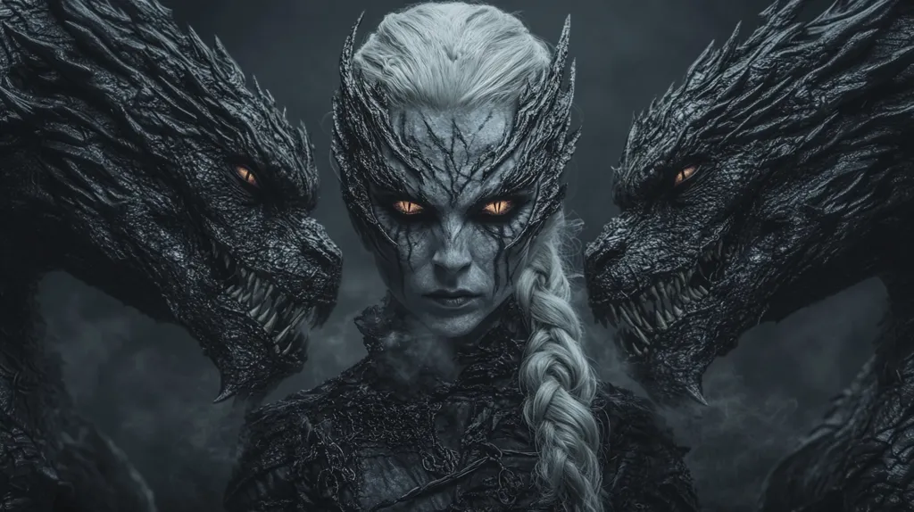 A woman with pale skin and white hair stands between two black dragons.  Her face is adorned with black, spiky makeup.  She has glowing orange eyes and a long braid.  The dragons are both facing forward, with their mouths open and sharp teeth exposed.  The image is dark and mysterious.  The woman seems to be in control of the dragons.  The whole image gives an eerie, unsettling feeling.