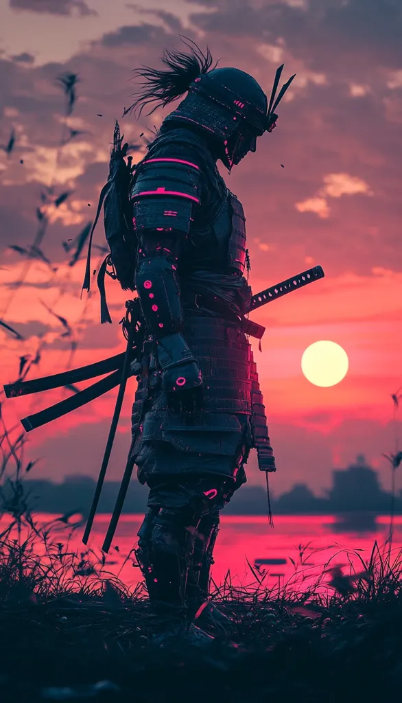 A lone samurai stands silhouetted against a fiery sunset. Dressed in traditional armor with a katana strapped to his back, he gazes towards the horizon. The sky is a mix of vibrant reds and oranges, with a large, glowing sun setting in the distance. The scene exudes a sense of mystery and solitude, suggesting a moment of contemplation or reflection.