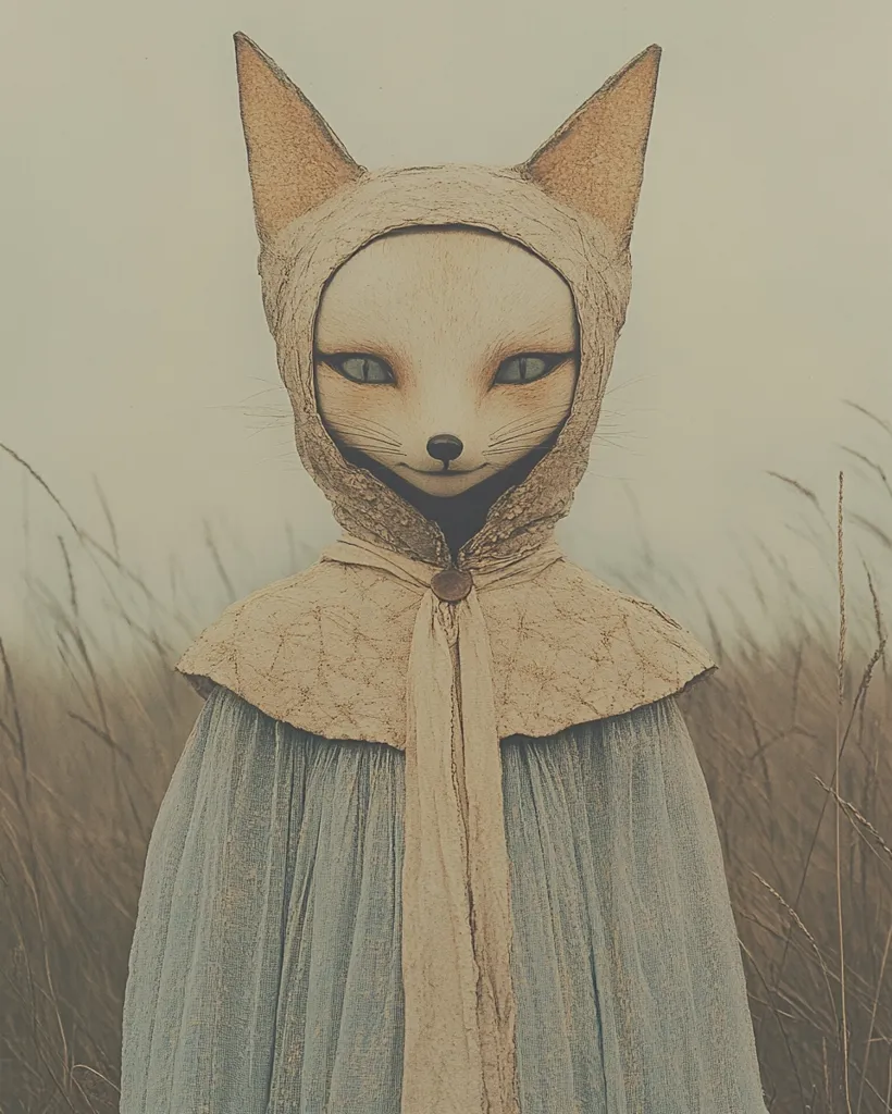 A creature with the head of a fox, wearing a long, flowing cloak and a hood, stands in a field of tall grass.  The creature has large, piercing eyes and a delicate, feminine face.  The image is soft and muted, with a dreamy, ethereal quality.  The creature's gaze is direct and intense, as if it is looking at the viewer.