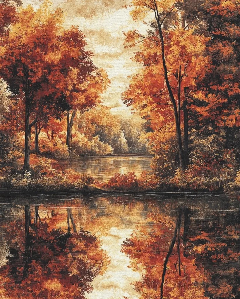 A serene autumnal scene unfolds with a tranquil lake mirroring the surrounding trees.  The foliage is ablaze with vibrant hues of orange and red, creating a breathtaking spectacle.  The water's surface reflects the colors,  creating a harmonious and captivating composition.