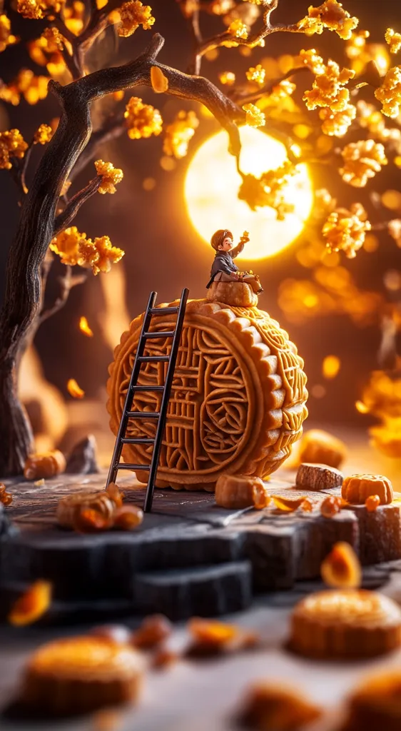 A miniature figure sits atop a large mooncake, reaching out towards a glowing orb in the sky. The scene is bathed in a warm, golden light, and surrounded by a scattering of miniature mooncakes and a small tree with golden leaves. The overall image is a whimsical and enchanting representation of the Mid-Autumn Festival.