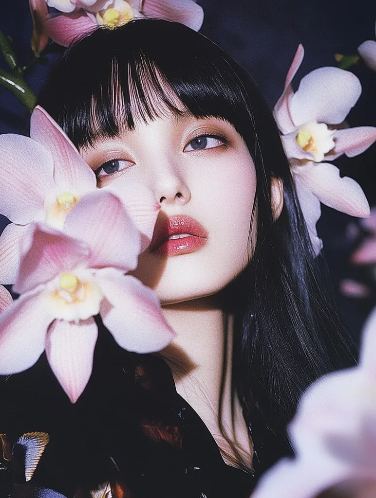 A young woman with long black hair and bangs gazes directly at the camera.  Her eyes are a soft blue, and she wears light pink lipstick. She is framed by large pink orchid blossoms. The image is shot in a dark, moody style with the flowers adding a touch of femininity and softness.  The overall effect is elegant and mysterious.