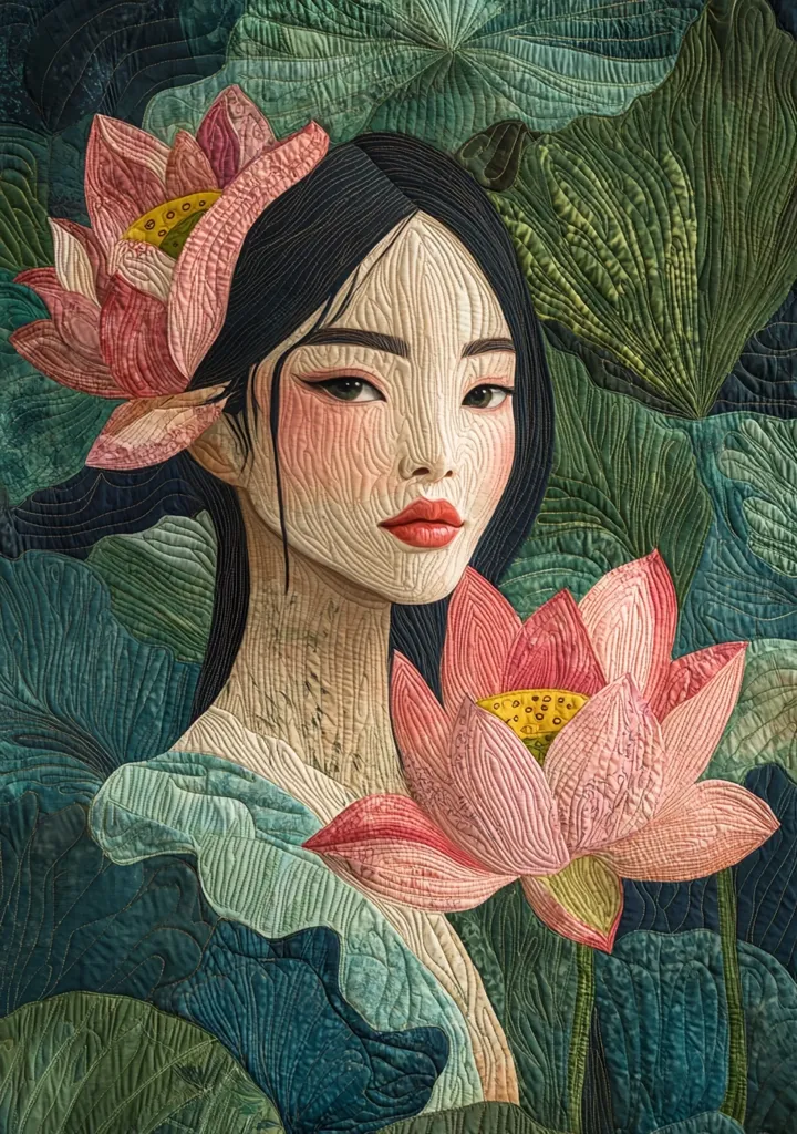 The image is a close-up of a quilted artwork depicting a woman with long black hair and a delicate face surrounded by lush green leaves and pink lotus flowers. The woman's skin is textured and her eyes are slightly closed, giving her a serene expression. The flowers are intricately stitched with detailed petals and veins, and the leaves are rendered with a realistic texture. The overall effect is one of peace and tranquility, evoking the beauty of nature.