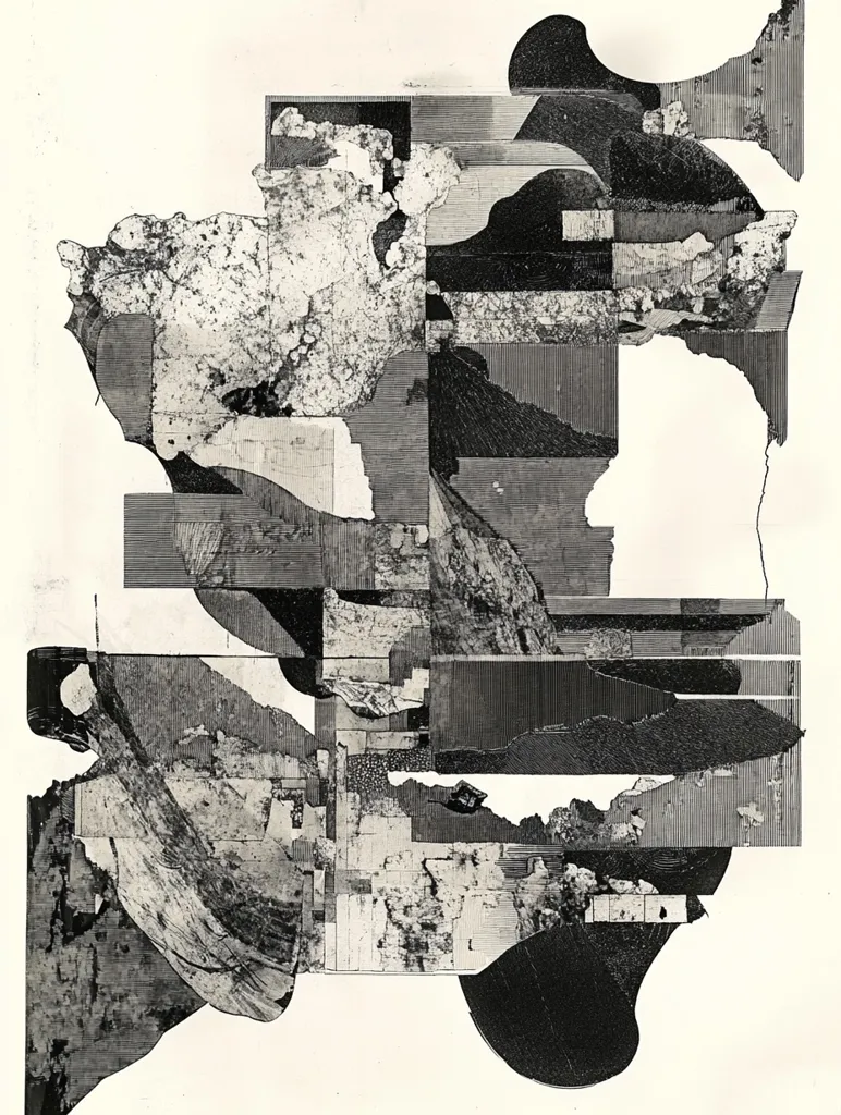 The image is a black and white abstract collage. It is made up of various shapes and textures, creating a sense of depth and movement. The image is dominated by dark shades of gray, with some lighter areas that provide contrast. The composition is complex and fragmented, with pieces overlapping and intersecting in unexpected ways. Overall, the image is visually striking and thought-provoking.