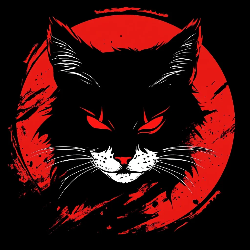 The image depicts a black cat with red eyes, its face in close-up, against a background of a red circle with splatter-like markings. The cat's gaze is intense and focused, its expression almost menacing. The image evokes a sense of mystery and intrigue, hinting at the cat's hidden nature. The stark contrast of black and red adds to the dramatic and captivating effect.