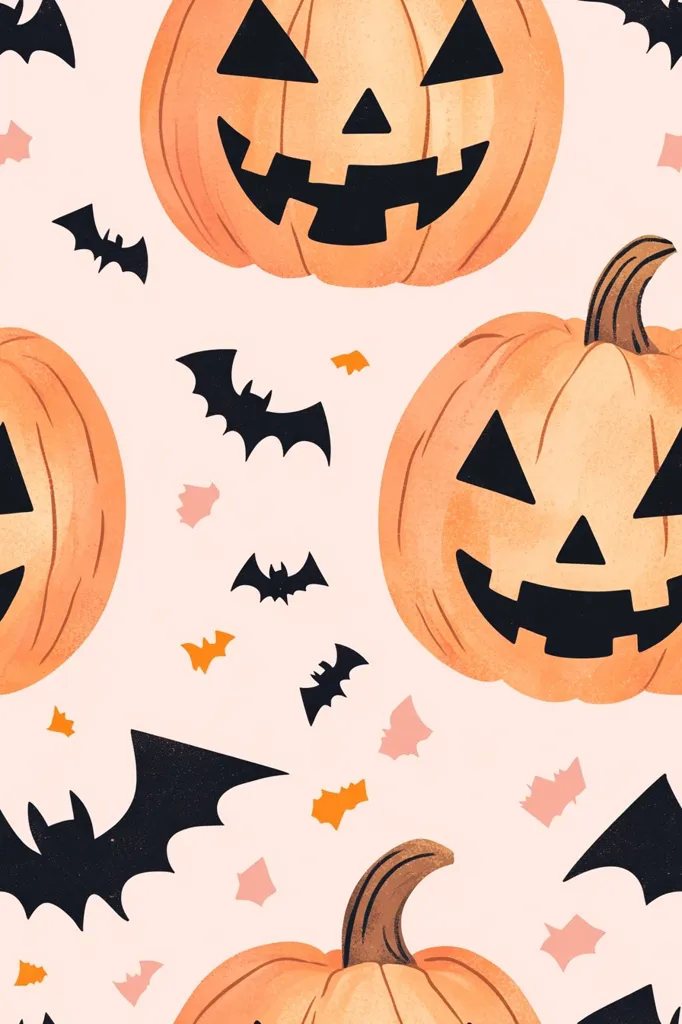 The image is a repeating pattern of jack-o'-lanterns and bats on a peach background.  The pumpkins are orange with black eyes, nose, and mouths, and the bats are black. There are also small scattered pink and orange shapes. The image is cheerful and festive, perfect for Halloween.