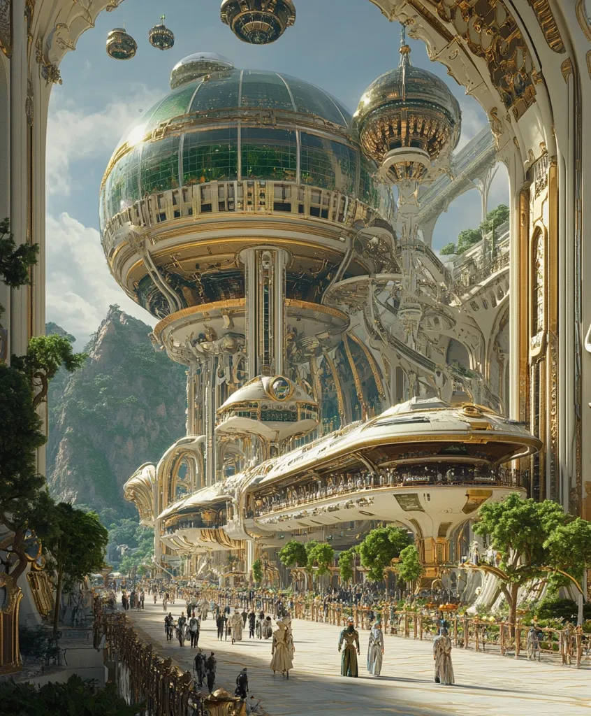 A futuristic city with elaborate architecture and gleaming gold accents. A large, spherical structure with glass panels and intricate details stands tall at the center. The city is bustling with activity, with people walking along a wide, paved street.  The scene is a blend of the modern and the fantastical, with a touch of steampunk aesthetic.  The buildings are reminiscent of a grand palace, suggesting a sophisticated and advanced civilization.