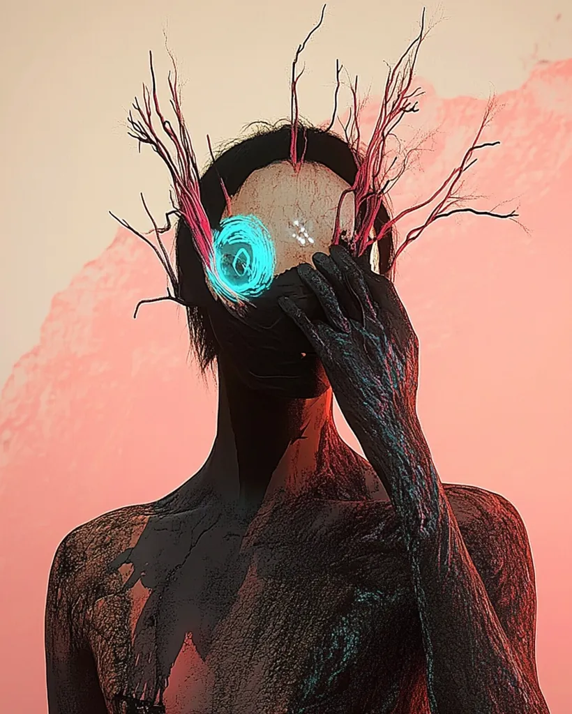 A person with black hair and skin stands against a pink background. Their face is obscured by a dark mask and hand. The person's body is covered in a pattern that resembles branches or vines.  A glowing blue circle is visible on the mask. The image is stylized and surreal.