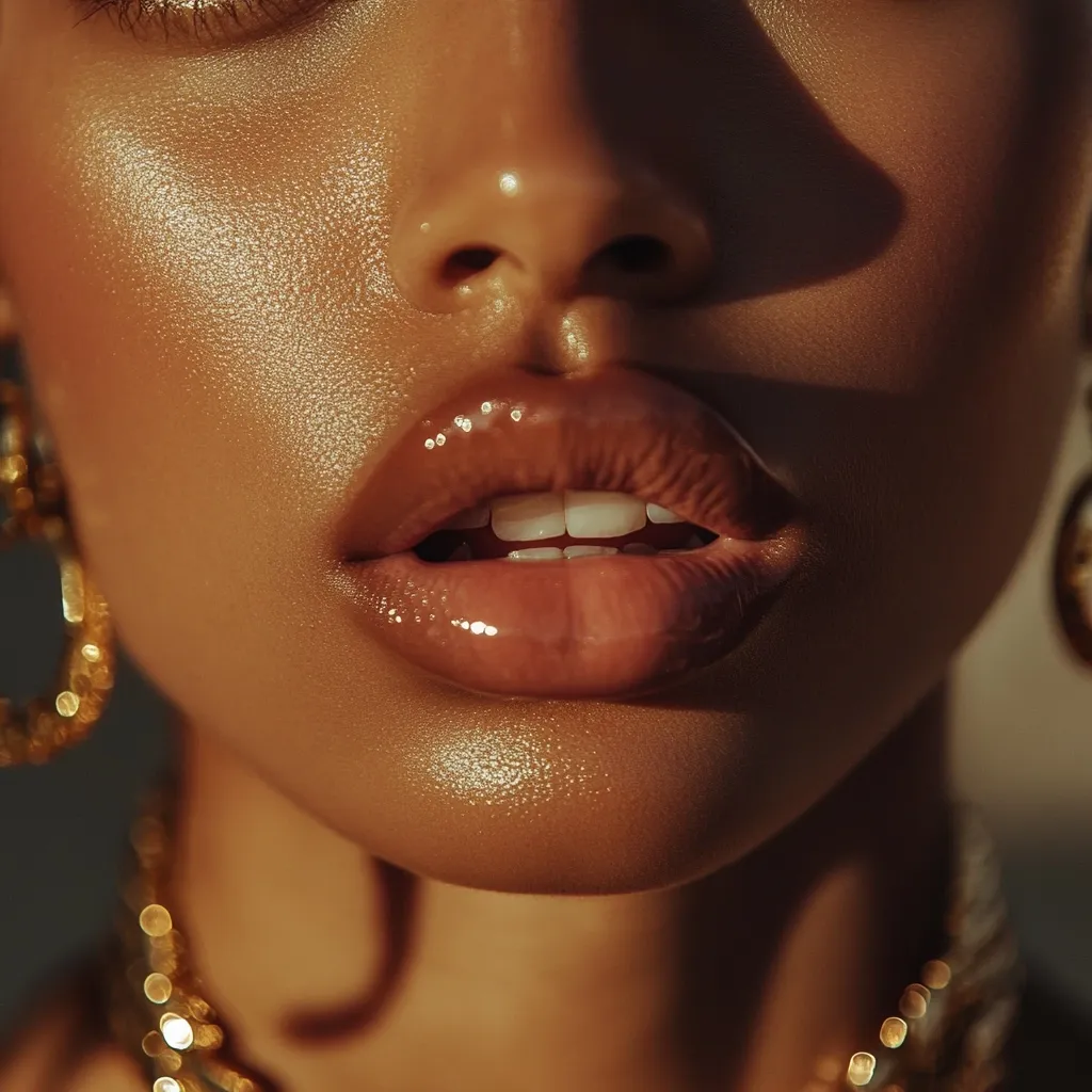 The image is a close-up of a person's face, showcasing their lips. The lips are full and plump, with a glossy finish that reflects the light. The skin around the mouth is smooth and tanned, with a subtle shimmer. The person appears to be wearing gold jewelry, including a large hoop earring and a necklace, which adds to the overall glamorous feel of the image.