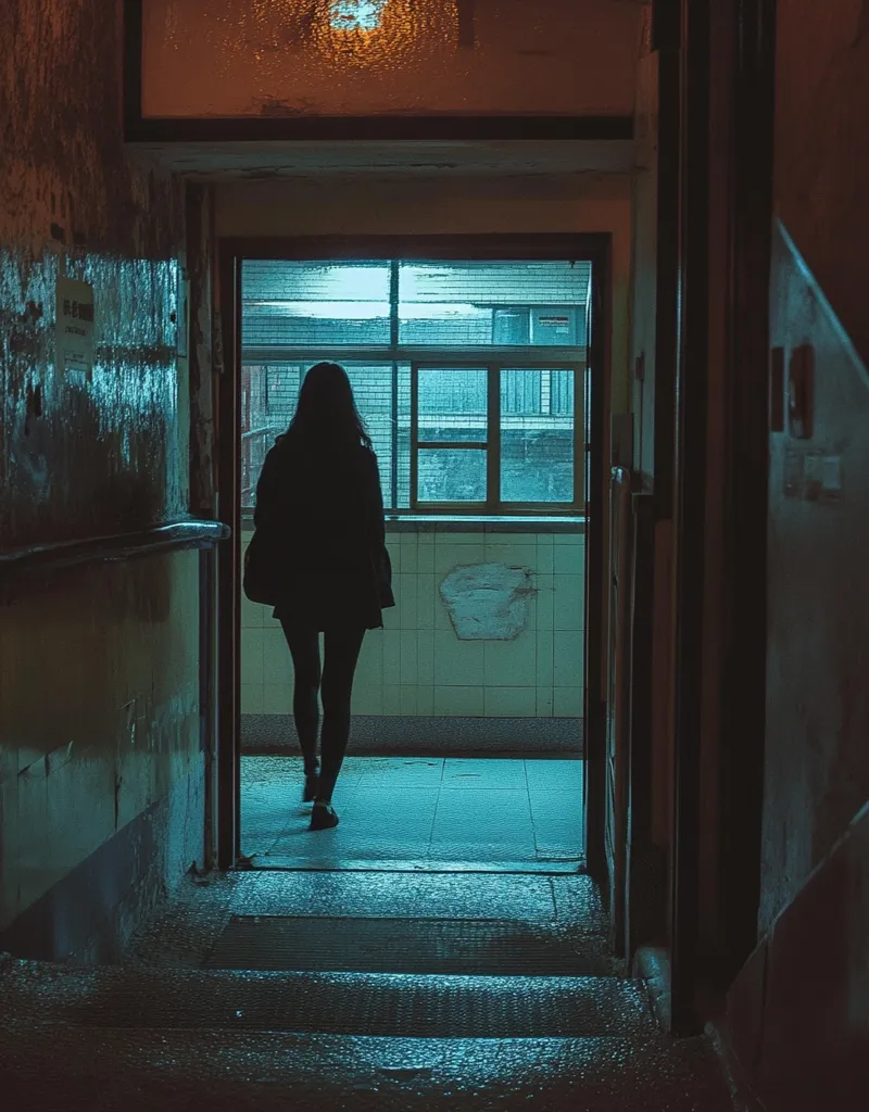 A woman walks through a doorway into a dimly lit hallway. The door is open, revealing a tiled room with a large window. The woman is silhouetted against the light coming from the hallway, and her features are obscured. The walls of the hallway are textured and worn, with a sense of age and history. The image evokes a feeling of mystery and intrigue.