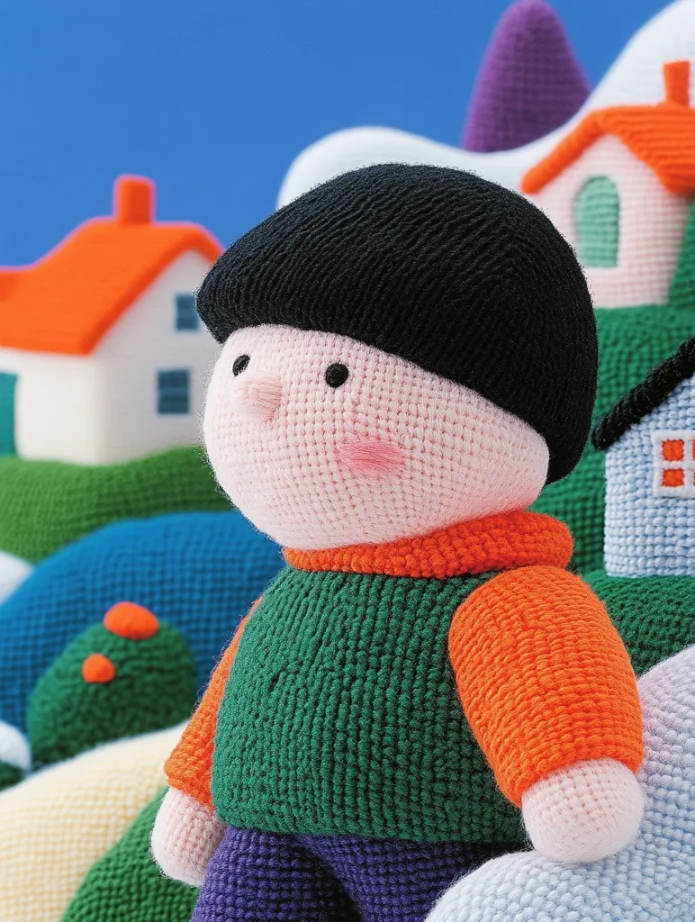 A crocheted toy boy with a black bob haircut, a green sweater, orange sleeves, and purple pants. He is standing in front of a colorful background of crocheted houses and other toys. The boy has a sweet and innocent expression on his face. The image is both charming and nostalgic, capturing the essence of childhood and handmade toys.