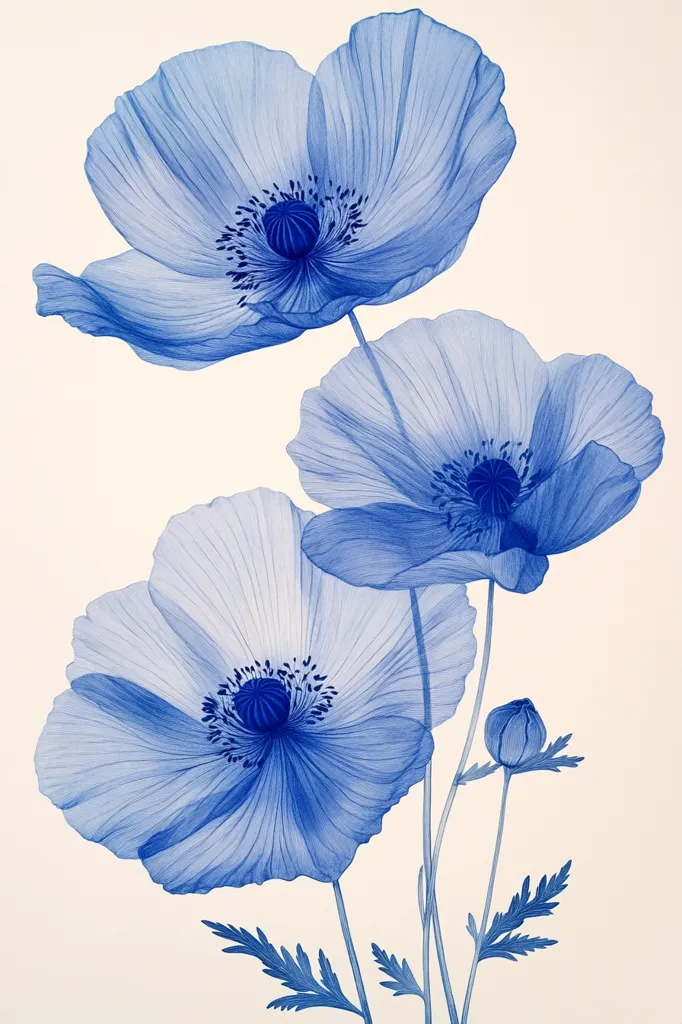 The image shows three delicate blue poppy flowers in bloom, their petals unfurling gracefully against a white background. The flowers are rendered in a semi-transparent style, showcasing intricate details of their structure and veins. Their deep blue centers add a pop of color, while the slender stems and leaves create a sense of movement and fragility.  The image evokes a sense of calm and ethereal beauty.