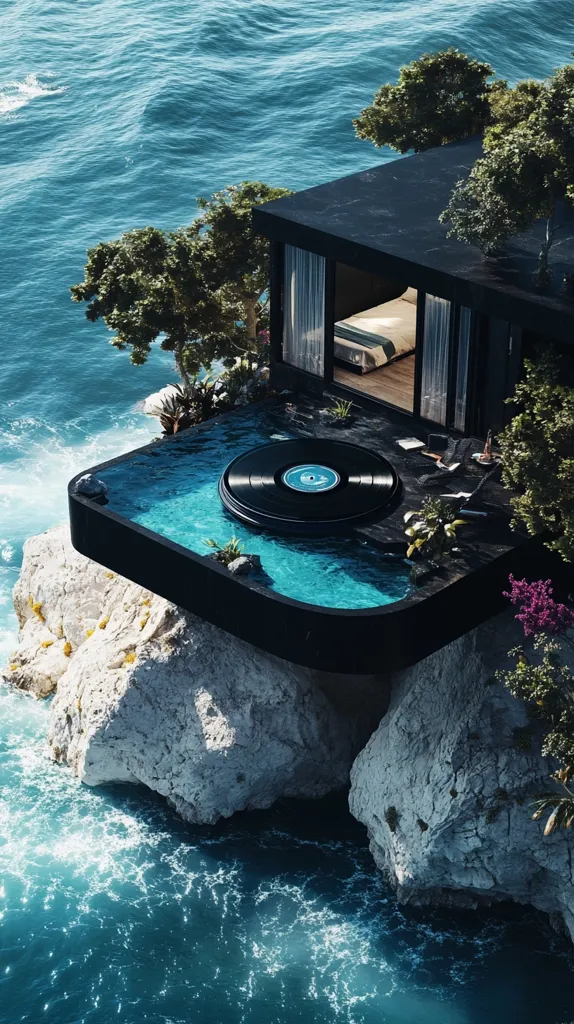 A modern, black house with a large window is perched on a rocky cliff overlooking the ocean. The house's deck has been transformed into a giant record player with a blue pool as the record.  The scene is surreal and luxurious, capturing a moment of relaxation and tranquility.