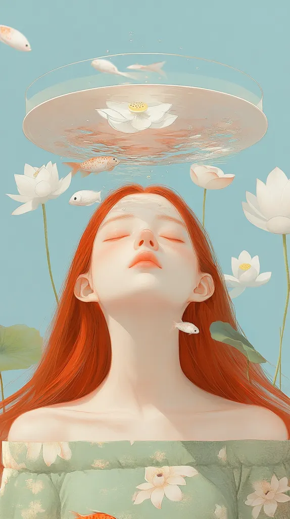 A woman with long, flowing red hair is shown with her eyes closed. Above her head is a bowl of water with lily pads and fish. White lilies are also growing around the woman, adding to the peaceful and serene atmosphere. The woman appears to be in a state of calm and relaxation. The light blue background and the soft colors of the illustration enhance the sense of tranquility.
