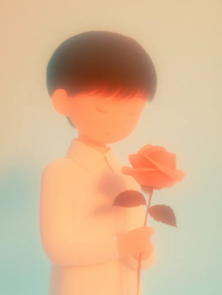 The image shows a 3D rendered figure of a person with short black hair. The person is wearing a white shirt and holding a single red rose in their right hand. The background is a soft gradient of blue and pink. The image is stylized and has a soft, dreamy quality.  The figure appears to be looking down at the rose, perhaps smelling it.  The overall impression is one of romance and gentleness.  The soft lighting creates a sense of intimacy and warmth.