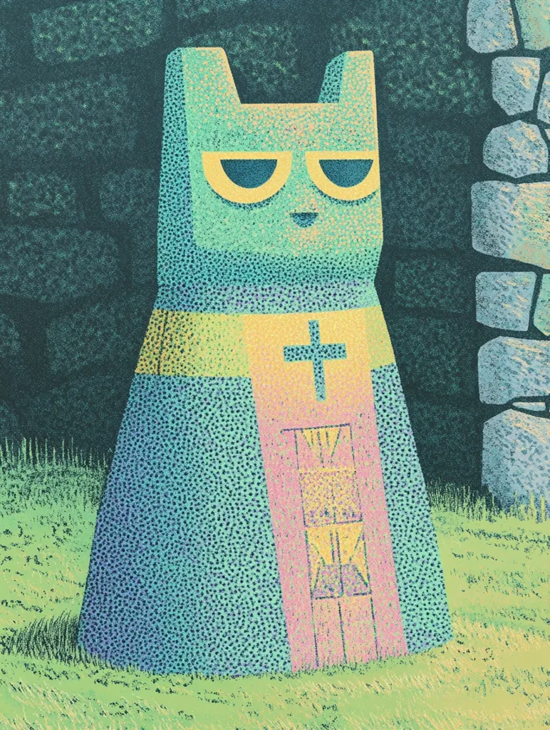 The image depicts a stylized stone sculpture of a cat wearing a robe with a cross on its chest. The sculpture is standing in front of a stone wall, and the background is a dark green, possibly representing a forest. The art style is simplistic, with the forms made up of dots and a limited color palette.  The cat's expression is serious, and its eyes are closed.  The entire image has a slightly mystical or eerie tone.