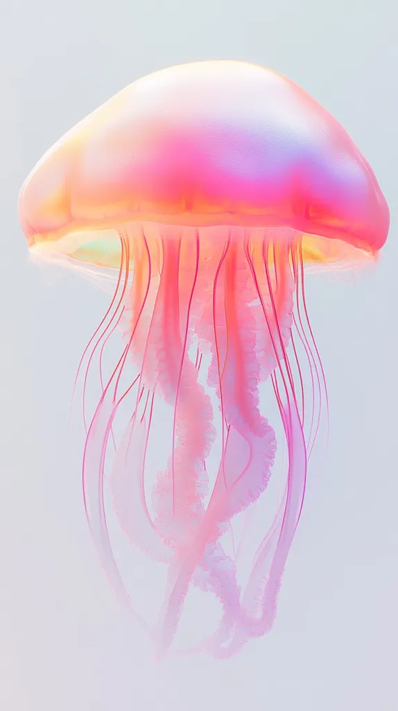 The image depicts a jellyfish with a pink and orange bell and long, flowing tentacles. The bell is translucent, revealing a delicate structure within. The tentacles are soft and wispy, resembling a delicate underwater ballet. The background is a soft, pale blue, creating a tranquil and ethereal atmosphere.  The jellyfish appears to be floating gracefully in the water, creating a sense of movement and tranquility.