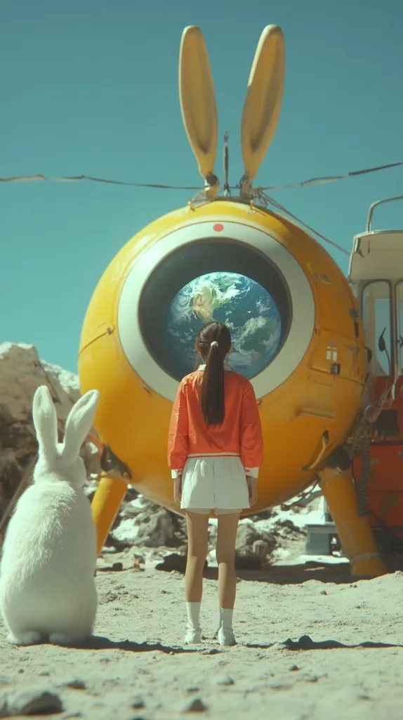 A young girl in an orange jacket and white shorts stands in front of a giant yellow, rabbit-shaped spacecraft. The craft has a large circular window, displaying a view of Earth.  A white rabbit sits on the sand, observing the scene. The backdrop is a desolate landscape with a clear, blue sky. The image evokes a sense of surrealism and wonder.