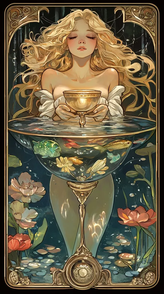 The image depicts a beautiful woman with long, flowing blonde hair, holding a golden goblet in her hands. She is surrounded by a large, ornate glass bowl filled with water, fish, and flowers. The bowl is resting on a decorative base, and the entire scene is framed by a gold border. The image has a whimsical, dreamlike quality and evokes a sense of beauty and serenity.