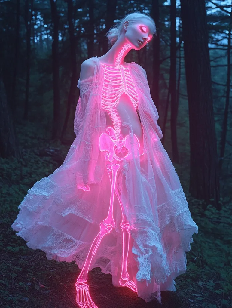 A woman stands in a dark forest, wearing a white dress with a glowing pink skeletal outline. The image is a surreal and eerie representation of the human body and the fragility of life, with the neon skeleton contrasting against the darkness of the forest.