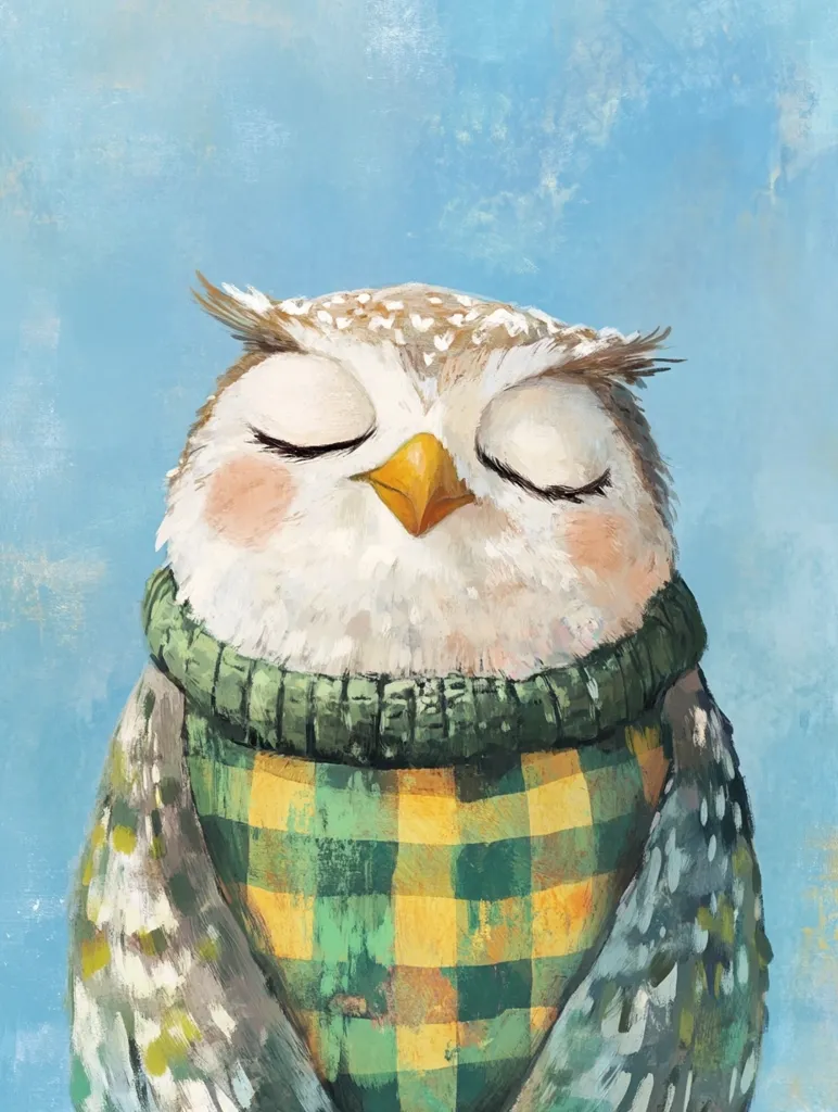 The image is a digital painting of an owl wearing a green and yellow plaid sweater. The owl has its eyes closed and is looking relaxed and content. The background is a light blue sky. The painting has a whimsical and charming quality.
