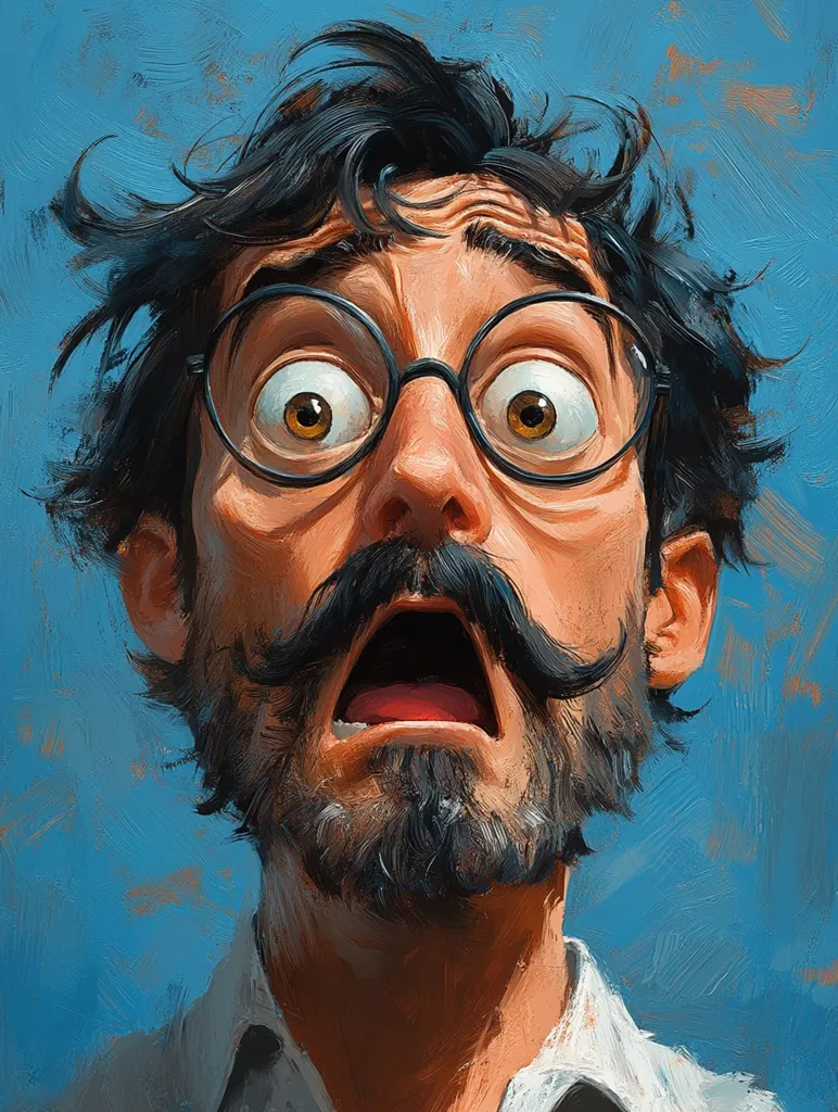 The painting depicts a man with a shocked expression. He has dark hair and a thick beard and mustache. He is wearing round glasses and his mouth is open wide. His eyes are wide with surprise, and his eyebrows are raised. The background is a simple blue color, which helps to emphasize the man's face. The overall tone of the painting is one of surprise and alarm.  The brushstrokes are loose and expressive, giving the painting a painterly feel. The use of light and shadow helps to create a sense of depth and dimension.