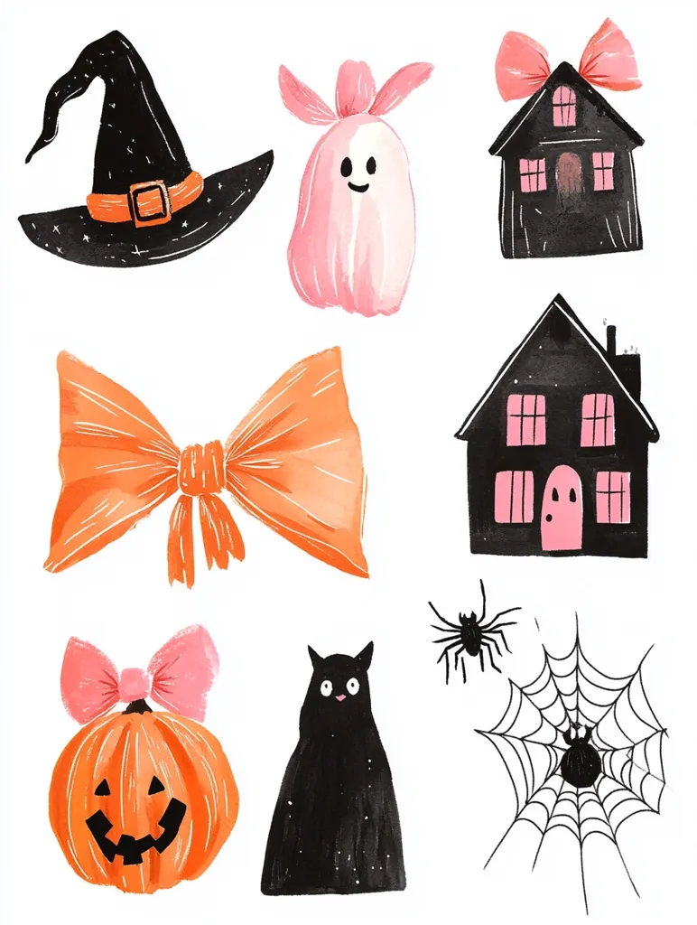 This is a collection of Halloween-themed illustrations. It includes a witch's hat, a ghost, two houses, a bow, a pumpkin, a black cat, and a spider web with spiders. The illustrations are drawn in a simple, childlike style and use bright, bold colors.