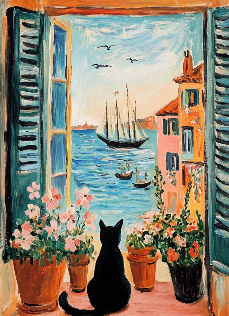 A black cat sits on a windowsill, looking out at a seascape. The window is open, revealing a view of a sailboat on the blue water.  The sky is a bright blue, with fluffy clouds. There are other boats in the distance.  In the foreground, there are colorful flowers in terracotta pots. A pink building is visible on the right side of the image. The painting is done in a bright and vibrant style, capturing a sense of peace and tranquility.