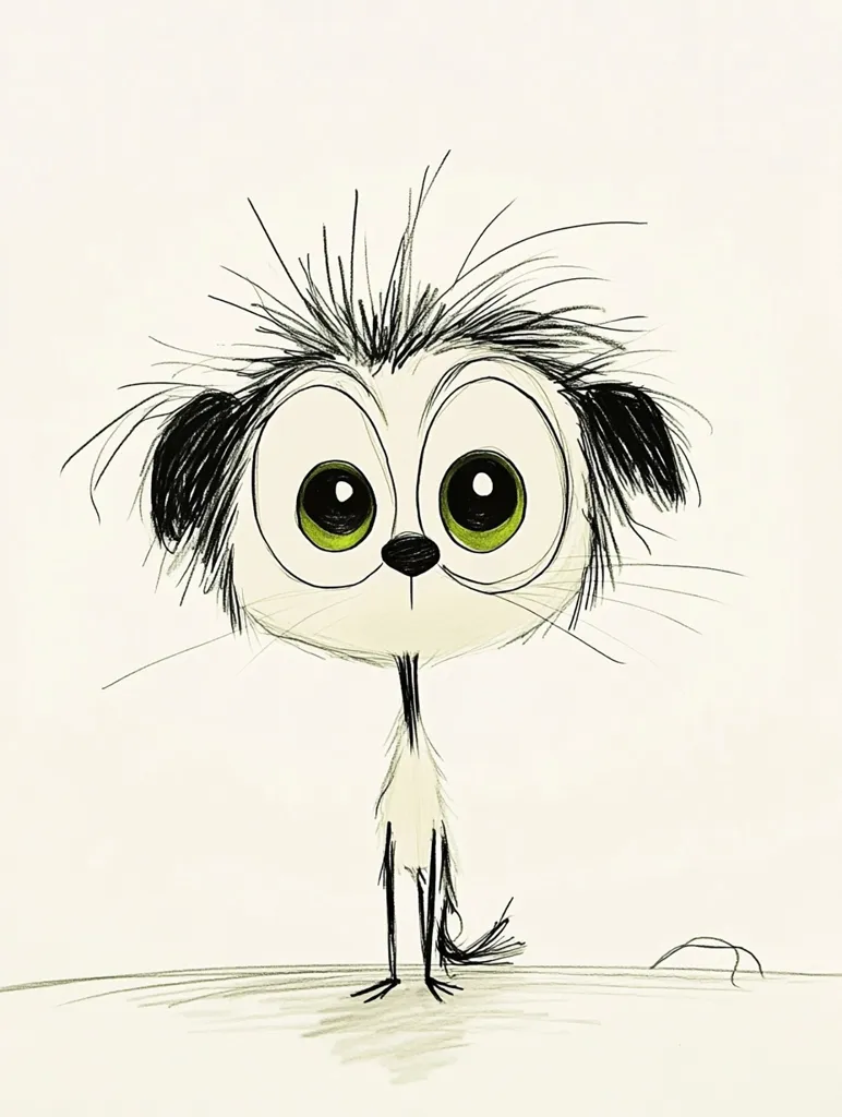 The image depicts a cartoon dog with large, green eyes and a mischievous expression. Its fur is a mess of black and white, and it has a long, thin tail. The dog is standing on its hind legs, with its front paws tucked into its chest. Its ears are floppy, and its nose is a small black dot. The dog is drawn in a simple, whimsical style. It's a cute and endearing depiction of a dog.