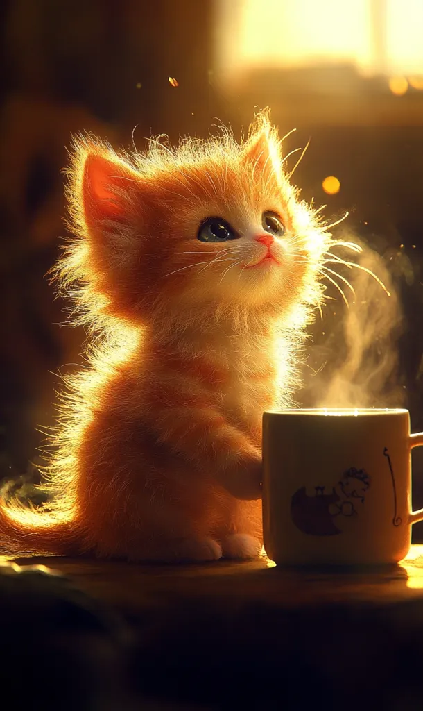 A fluffy orange kitten sits beside a mug of hot beverage, steam rising from the mug. The kitten gazes upwards with wide blue eyes, its fur illuminated by warm, golden light. The scene is soft and cuddly, capturing the innocence and charm of a kitten.