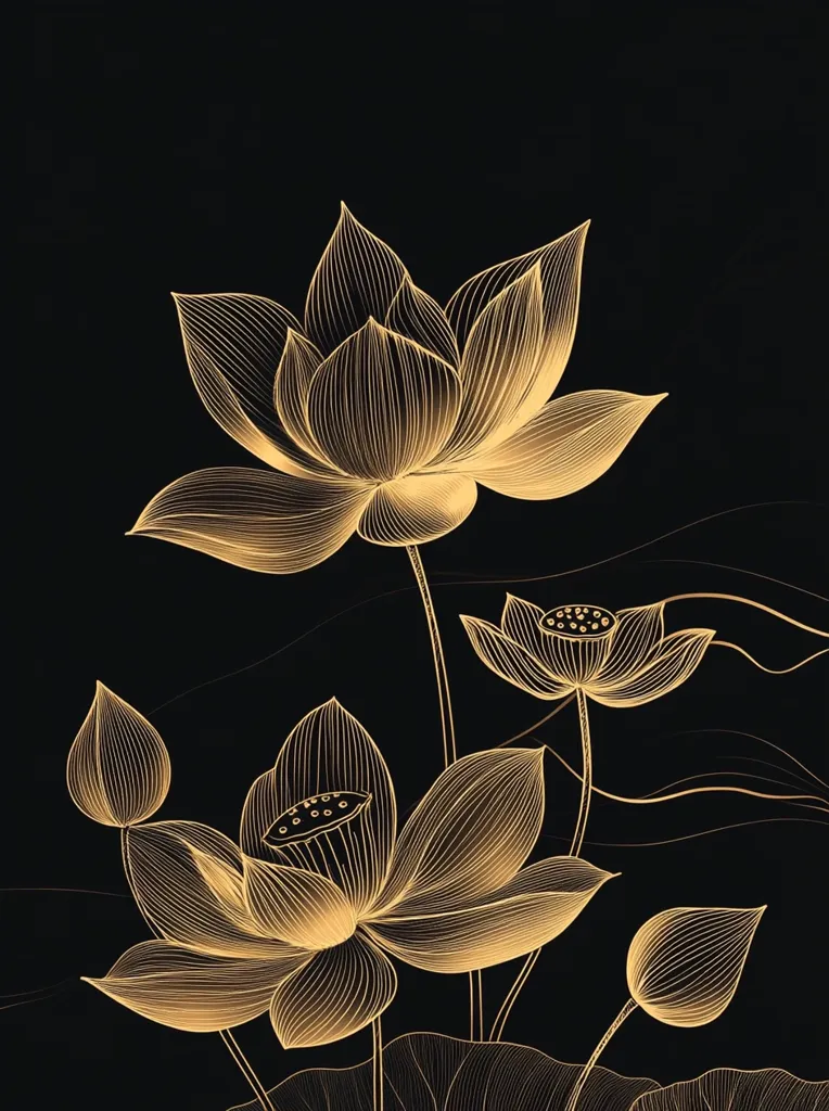 A minimalist black and gold illustration of blooming lotus flowers. The intricate details of the flowers are outlined in thin gold lines, and the stems and leaves are simplified. The design is visually striking and elegant, with a sense of calm and serenity.  The black background makes the gold details pop.