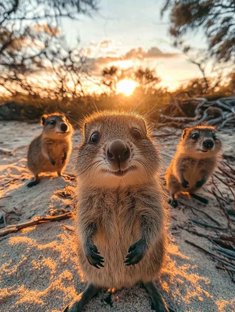 Three adorable quokkas stand on a sandy beach, bathed in the warm glow of the setting sun. The quokka in the foreground looks directly at the camera, its wide, smiling face and playful expression creating a delightful and heartwarming image. The other two quokkas stand behind, adding to the scene's charm. The background features a hazy sky and silhouetted trees, enhancing the image's tranquil and natural ambiance.