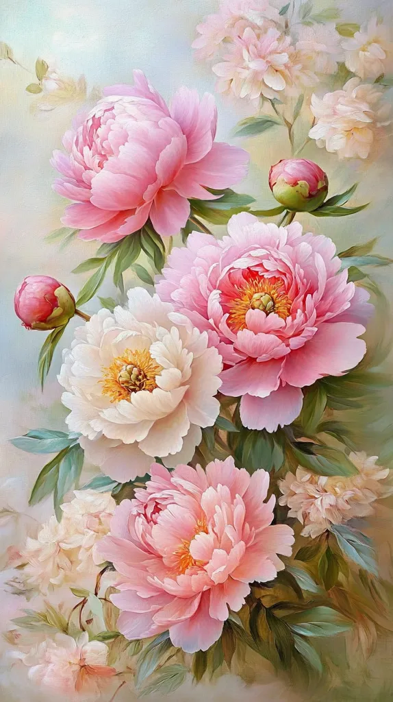 A vibrant painting of pink and white peonies in full bloom. The flowers are arranged in a lush bouquet, with their petals unfurling in delicate layers. The background is a soft, muted pastel, providing a serene backdrop for the flowers. Green leaves and stems weave between the blossoms, adding depth and texture to the composition. The painting exudes a sense of beauty, grace, and romantic charm.