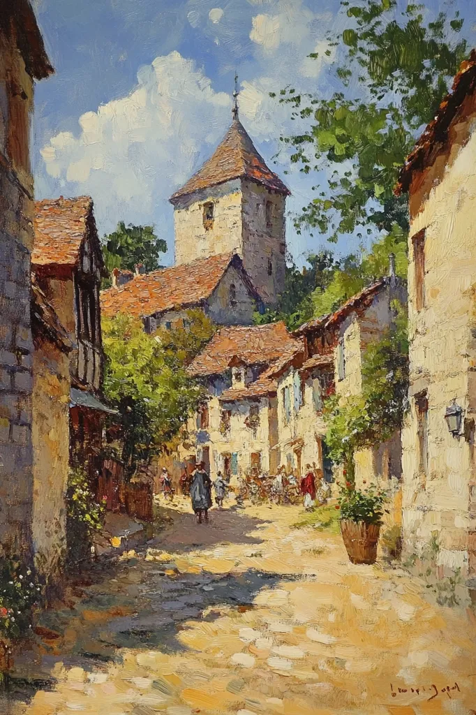 A quaint European village street is depicted, with a tall stone tower rising in the background. The scene is bathed in warm sunlight, casting long shadows across the cobbled street. The buildings, a mix of stone and timber, are adorned with colorful details and flower boxes.  Small figures of people stroll through the street, adding life to the picturesque scene.  The painting captures the charm and serenity of a traditional European village.