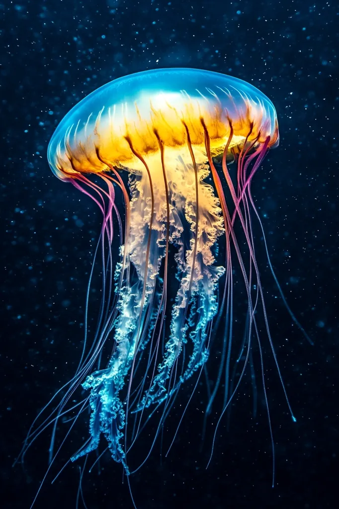 A vibrant jellyfish with a yellow and orange bell and long blue and pink tentacles gracefully floats in a dark, starry-like underwater setting. The jellyfish's translucent body, shimmering with a delicate glow, contrasts against the deep, mysterious background.