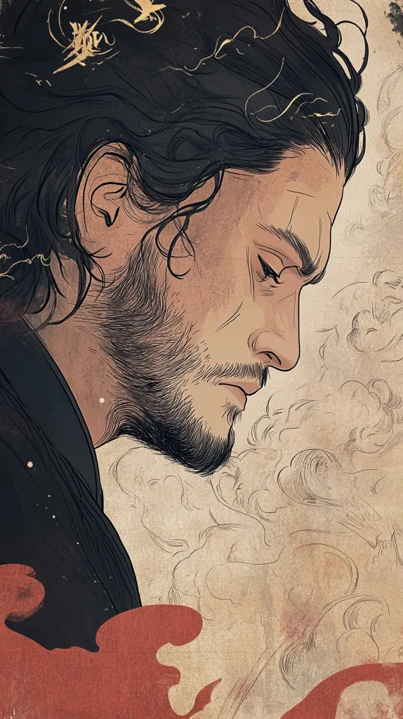 A man with dark hair and a beard is depicted in a close-up portrait. His head is turned to the side, and his eyes are closed. He appears to be in deep thought or contemplation. The background is a muted, earthy tone, with swirls and strokes of color adding texture and depth. The overall feeling is one of introspection and melancholy.