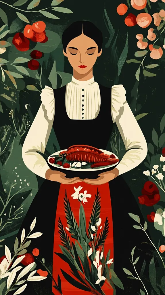 A woman with long black hair and a white blouse stands against a backdrop of green foliage. She is holding a plate of red fish and vegetables. The woman's red apron is adorned with white flowers and green leaves.  The image is a blend of vibrant colors and intricate details, creating a visually appealing scene.