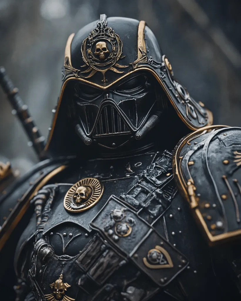 A close-up of a warrior clad in black armor adorned with gold trim and skull emblems. The helmet is ornate with a menacing design, and the warrior's face is obscured. The armor is intricately detailed, hinting at a powerful and imposing presence. The image has a dark and gritty aesthetic, suggesting a dangerous and unforgiving world.