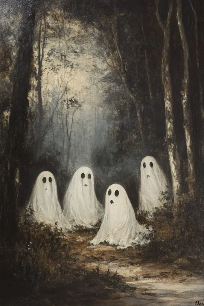 The painting depicts four ghostly figures standing in a dark and mysterious forest. The figures are dressed in white sheets and have large, black eyes. The forest is thick with trees and shadows, creating a sense of unease and dread. The painting is a haunting and atmospheric piece that evokes a sense of the supernatural.  The dark colors and shadowy figures create a sense of mystery and intrigue. The painting suggests that there is something unseen and unknown lurking in the darkness.  The painting's title is “The Ghosts of the Forest”.