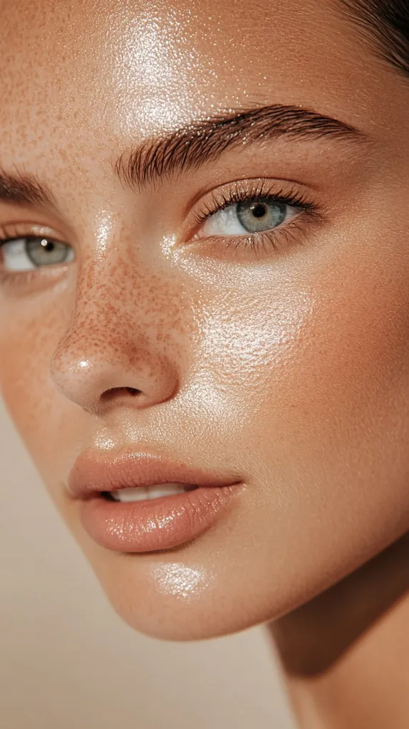 The image shows a close-up of a woman's face. Her skin is smooth and glowing, with a subtle sheen of highlighter. Her eyes are bright blue, and her lips are full and pouty. Her brow is defined and her freckles are visible across her nose and cheeks. The image is soft and warm, highlighting the beauty of natural skin.