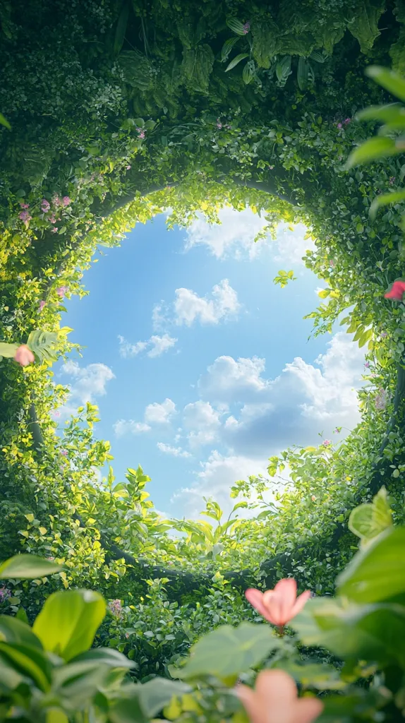 A lush green canopy of leaves creates a natural frame for a bright blue sky with puffy white clouds. A few pink flowers peek out from the foliage, adding a splash of color to the scene. The image captures a sense of tranquility and the beauty of nature.