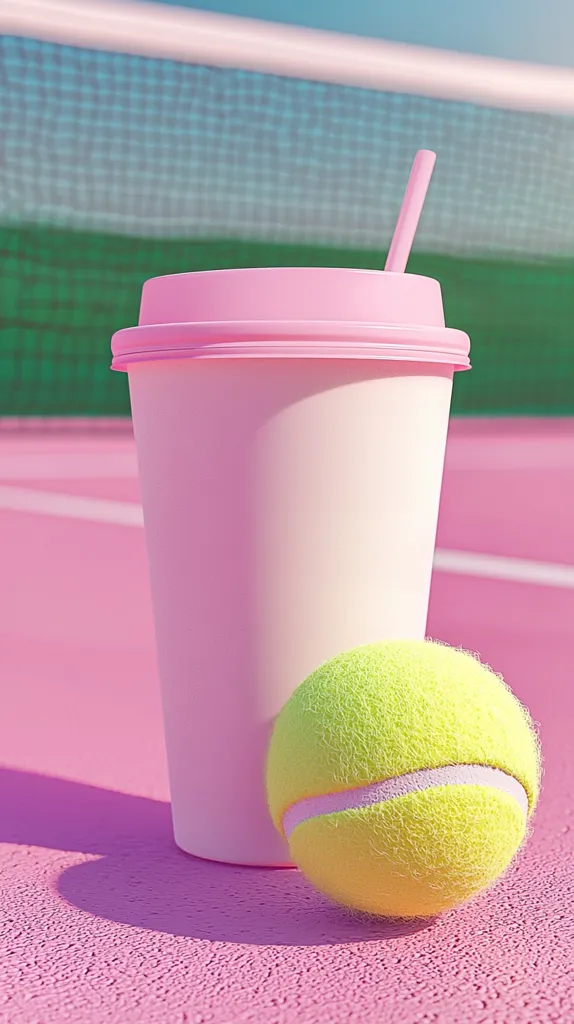 A pink takeaway cup with a straw sits on a pink tennis court, next to a yellow tennis ball. The court is in the background and the cup and ball are in the foreground.  The cup is mostly white with a pink lid. The image has a bright and colorful feel.